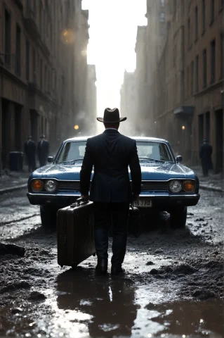 A Man In A Dark Suit And Hat Stands On A Muddy Street, Holdi... — Stable Diffusion AI Prompt: A man in a dark suit and hat stands on a muddy street, holding a briefcase. Behi...