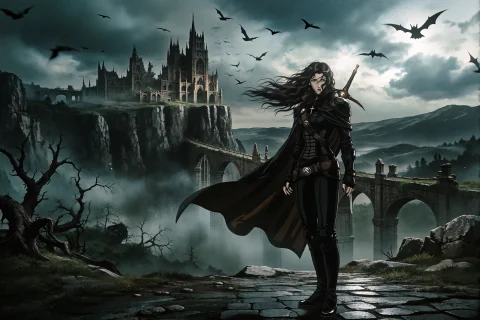 Xxg, Vampire Hunter, 1girl, Solo, Full Body, Standing, Cinem... — Stable Diffusion AI Prompt: xxg, vampire hunter, 1girl, solo, full body, standing, cinematic wide shot, land...