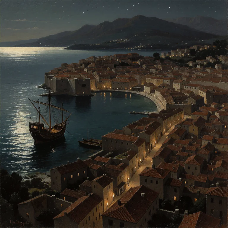 An Extreme Wide Landscape Birds-eye View Oil Painting Of A V...