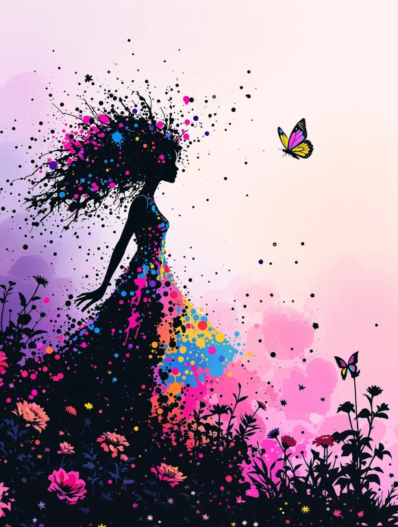 Ink Splats, Female Made Of Ink, Wearing A Colourful Dress, C...