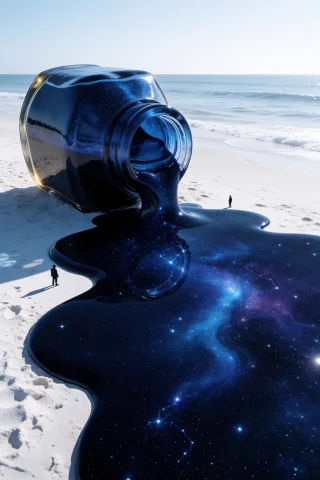 A Colossal Overturned Glass Inkwell Resting On A Pristine Wh... — Stable Diffusion AI Prompt: A colossal overturned glass inkwell resting on a pristine white sandy beach, hun...