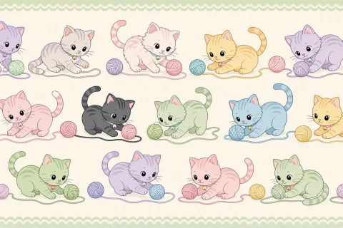 Painted Vector Kittens Wallpaper — Stable Diffusion AI Prompt: painted in Easter-egg colors, vector wallpaper runner of kittens playing with ya...