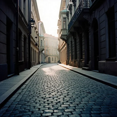 Old European Street Art Deco — Stable Diffusion AI Prompt: an old European street of worn cobblestones, art deco, volumetric god rays, shot...