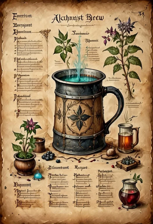 Illustrated Medieval Recipe Of Alchemist Brew Made With Occu...