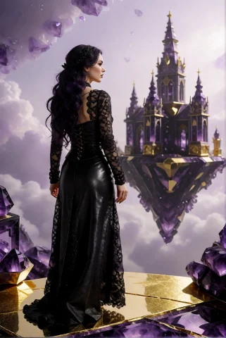 Goldamethystworld, A Woman In Black Leather And Lace Standin... — Stable Diffusion AI Prompt: GoldAmethystWorld, A woman in black leather and lace standing with her back to t...