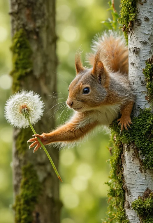 An Adorable Fluffy Greyish-red Squirrel Stretches From A Bir...