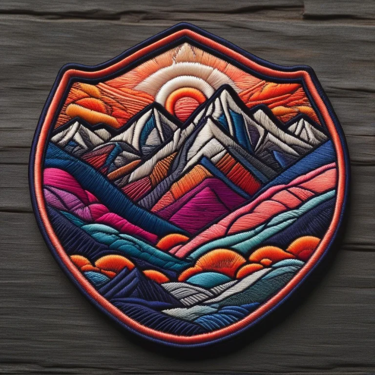 A Shield-shaped Embroidered Patch Of A Dramatic Mountain Ran...
