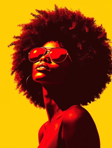 A Striking Red And Yellow Graphic Design Portrait Of A Young... — FLUX AI Prompt: A striking red and yellow graphic design portrait of a young Black woman with a...