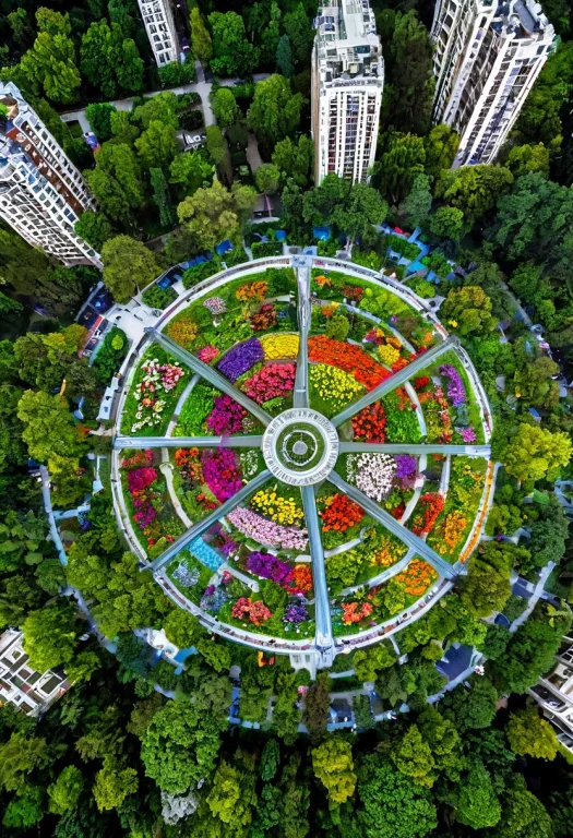 Futuristic City Central, Green Park, Tall Trees, Colorful Fl...