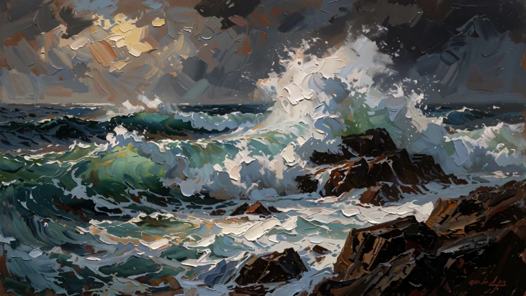 Violent Ocean Waves Crashing Against Dark Rocks, Deep Energe...