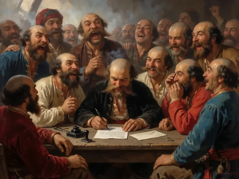 Group Of Bearded Men Laughing Around Table One Writing Lette...