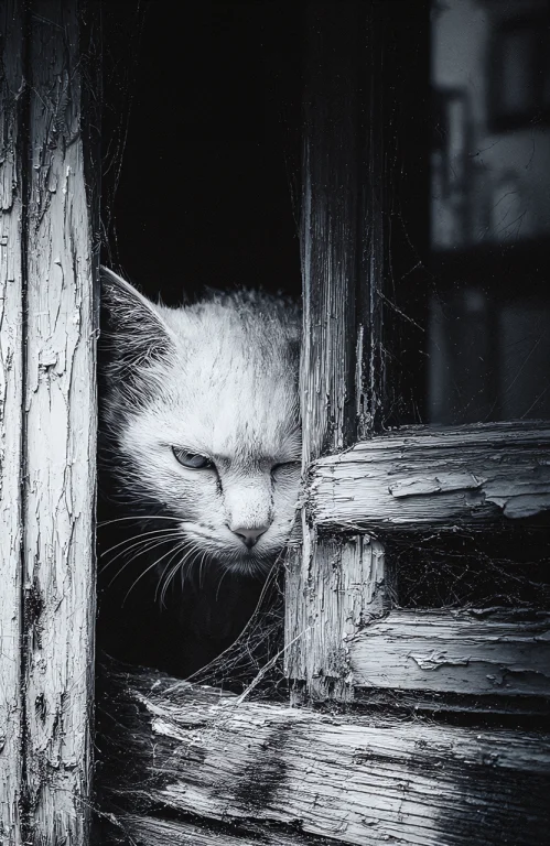 A Pale Cat With Coarse White Fur Peers Cautiously Through A...