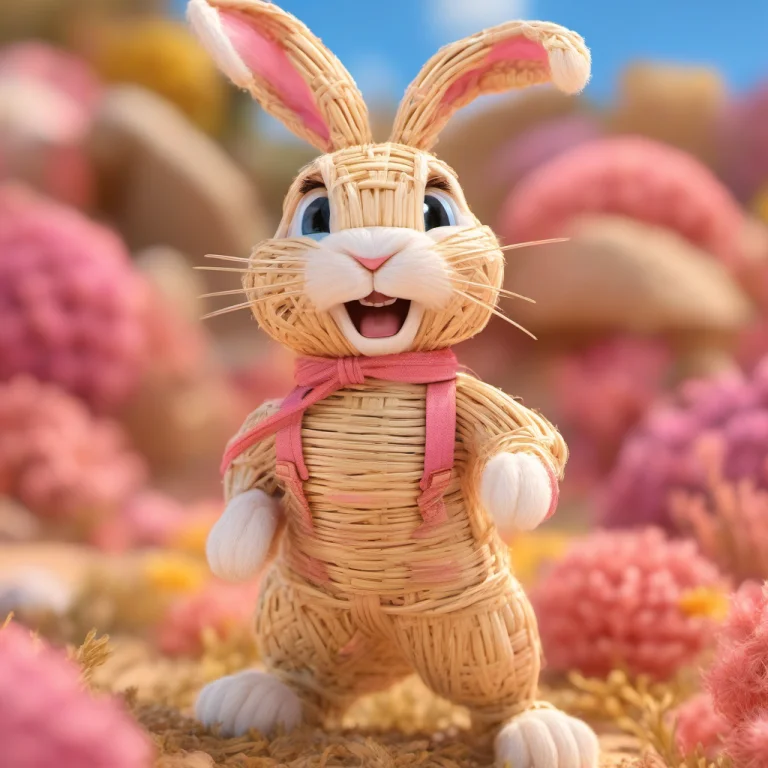 A White Bunny Rabbit Made Of Straw With Large Blue Eyes And...