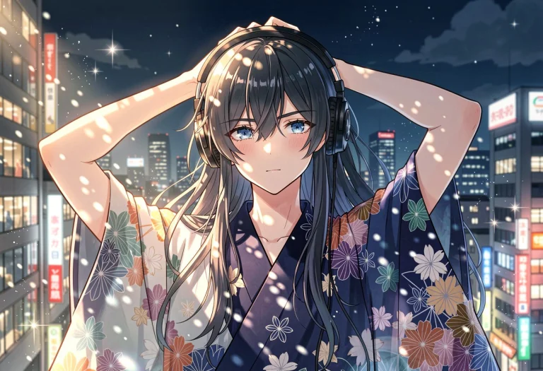 1boy, Solo, Long Hair, Blue Eyes, Yukata, Headphones, Stretc...