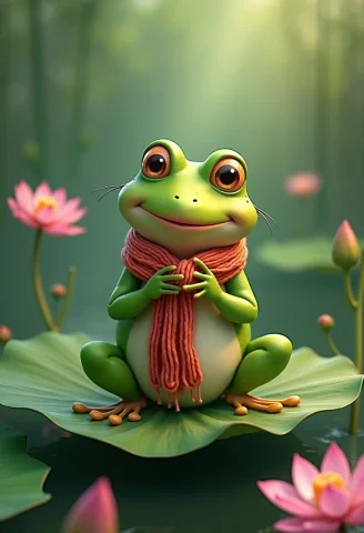 A Disney-style Frog Sitting On A Lotus Leaf, Knitting A Scar... — FLUX AI Prompt: A Disney-style frog sitting on a lotus leaf, knitting a scarf with needles. The...