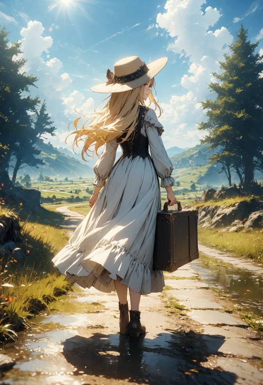 Detailed Landscape, 1girl, On A Path, Holding Suitcase, Nobl...