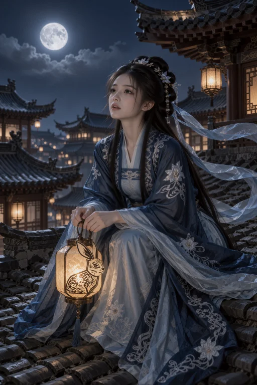 古装，月夜屋顶上，一名年轻中国女子侧身坐在深色瓦片间，一条腿...