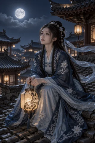 古装，月夜屋顶上，一名年轻中国女子侧身坐在深色瓦片间，一条腿... — Stable Diffusion AI Prompt: 古装，月夜屋顶上，一名年轻中国女子侧身坐在深色瓦片间，一条腿屈起靠近胸前，另一条...