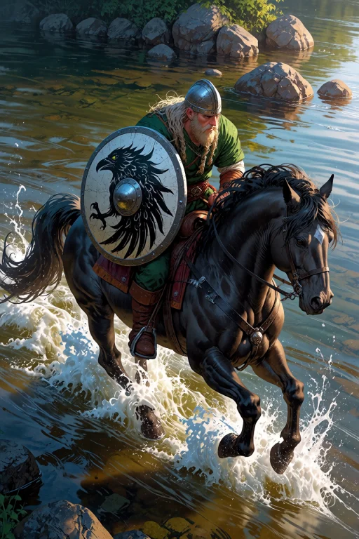 , Viking Riding A Black Stallion Through A Shallow River Cro...