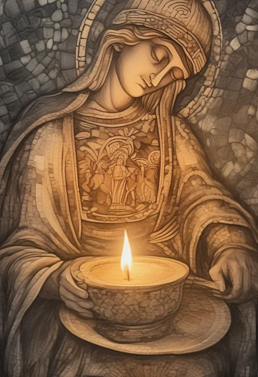 A Byzantine Mosaic Glowing In Candlelight, Ink Wash Painting...