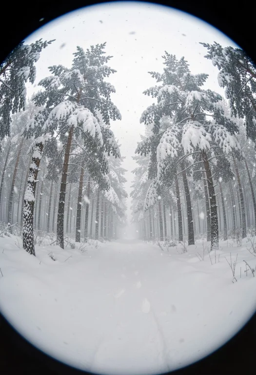 A Pine Forest After Fresh Snowfall, Studio Lighting, Fisheye...