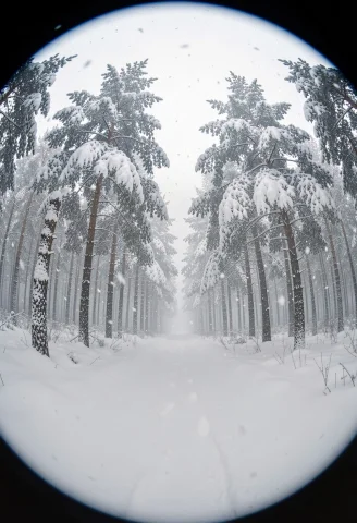 A Pine Forest After Fresh Snowfall, Studio Lighting, Fisheye... — Stable Diffusion AI Prompt: a pine forest after fresh snowfall, studio lighting, fisheye lens, dreamy atmosp...