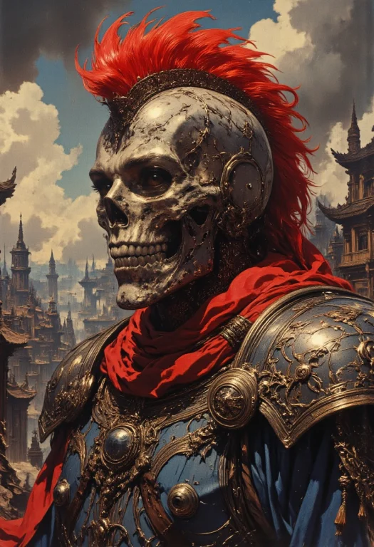 The Image Is A Digital Illustration Of A Skull Wearing A Red...