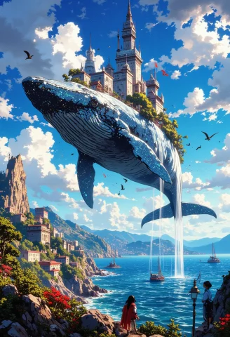 A Colossal, Ethereal Whale Drifts Through The Sky, Carrying... — FLUX AI Prompt: A colossal, ethereal whale drifts through the sky, carrying an entire futuristic...