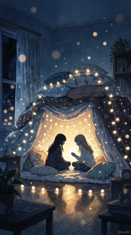 An Anime-style Picture Of A Fort Made Of Pillows And Blanket...