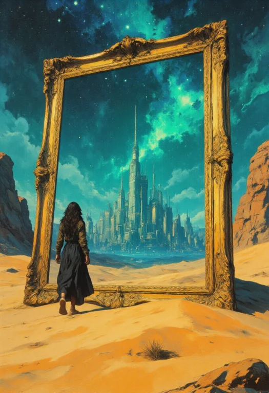 A Surreal Desert Scene With A Giant Ornate Golden Picture Fr...