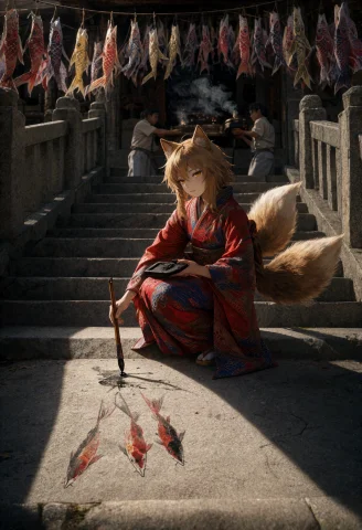Dramatic Side Light Cuts Across A Stone Temple Stairway, Har... — Stable Diffusion AI Prompt: Dramatic side light cuts across a stone temple stairway, hard-edged and low, thr...