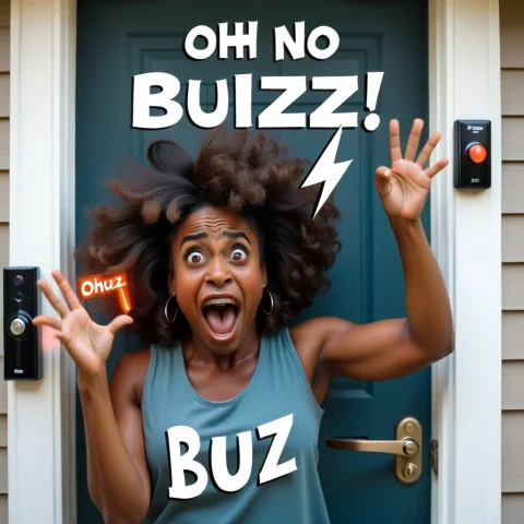 Happy Black Woman Pressing A Doorbell Getting Electrocuted S... — SDXL AI Prompt: Happy black woman pressing a doorbell getting electrocuted saying "Oh No Buzz" i...