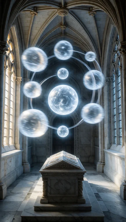23. Gothic Mausoleum Interior, Floating Celestial Orbs, Marb...