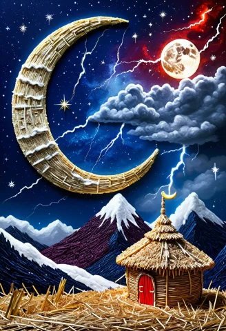 Masterpiece. Moon, Made Of Straw, Purple And Red , Lorastraw... — SDXL AI Prompt: Masterpiece. Moon, made of straw, purple and red , one majestic starry sky, clo...