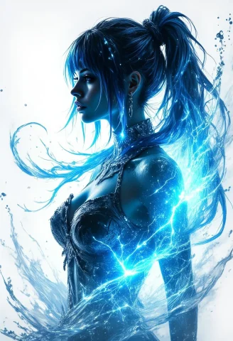 Silhouette Art, Magnificent. Female Water Elemental, Long Bl... — FLUX AI Prompt: Silhouette Art, magnificent. female water elemental, long blue hair, bangs, puls...