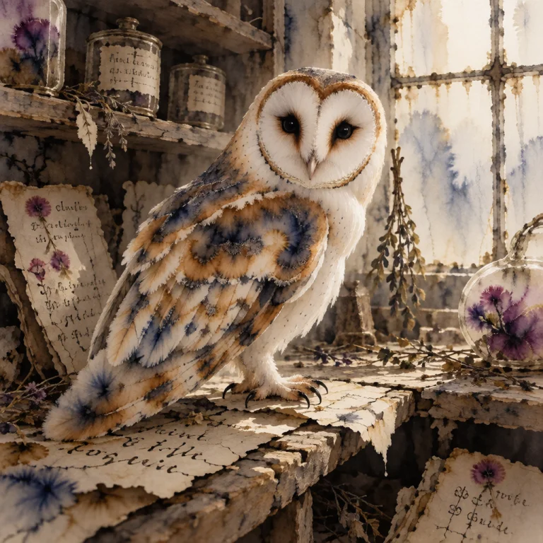 A Barn Owl Perched Centrally On A Weathered Wooden Shelf Ins...