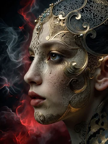 Bradhamel Art Style.the Image Depicts A Womans Profile In A... — Stable Diffusion AI Prompt: Bradhamel art style.The image depicts a woman’s profile in a side view, with her...