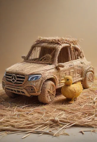 Eco Mercedes Straw Chassis — SDXL AI Prompt: Eco-Friendly Merc-Benz made of straw thread, a sleek Mercedes-Benz GLC chassis c...