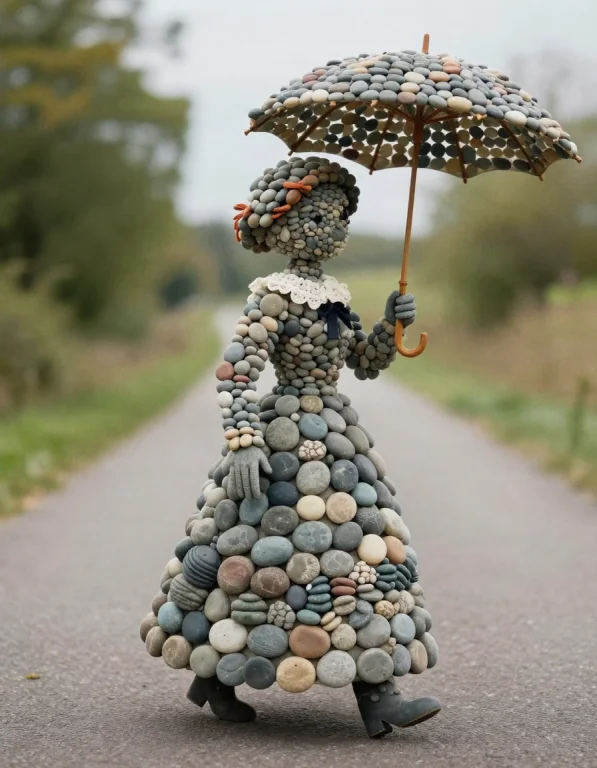 A Whimsical Character Made Out Of Smooth River Pebbles. Dres...