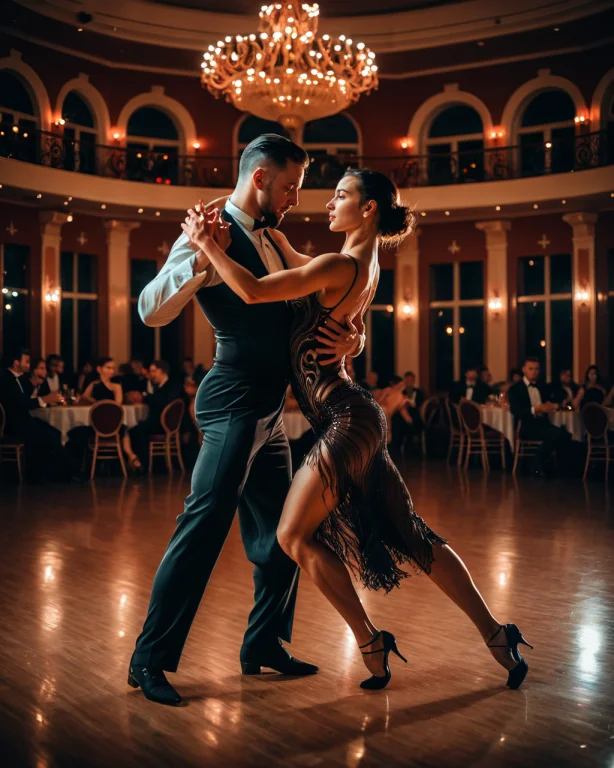 A Woman And Man In Evening Attire Dance The Tango On A Beaut...
