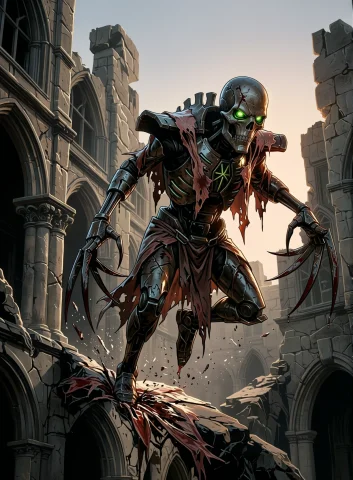 A Necronflayedone Leaps Down From A Ridge Of Shattered Mason... — Stable Diffusion AI Prompt: A necron_flayed_one leaps down from a ridge of shattered masonry, one leg extend...