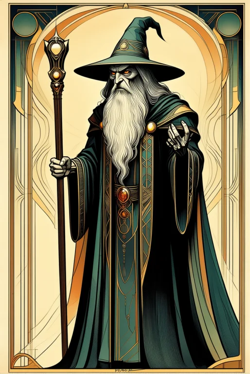 A Color Art Deco Drawing. The Stern Wizard.