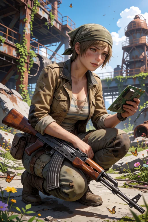 A Resourceful Post-apocalyptic Scavenger Crouching Low Among...