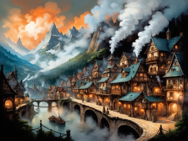 Fantasy Town In Front Of Mountains, Smoke Steam Loraretroill...