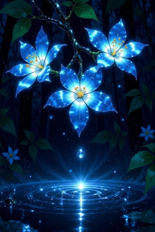 Loraanimescenerystylev.10.8 Animescenery Style. Three Lumino... — Stable Diffusion AI Prompt: AnimeScenery style. Three luminous blue blossoms float like starlight on a gnar...