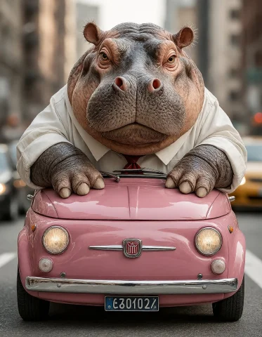 A Cinematic Wide Shot Of A Massive, Grumpy Hippopotamus Sque... — Stable Diffusion AI Prompt: A cinematic wide shot of a massive, grumpy hippopotamus squeezed into a tiny, vi...