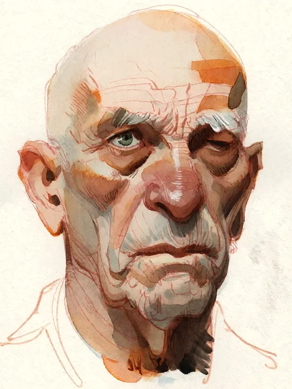 Bradhamel Art Style. A Watercolor Portrait Of An Elderly Man...