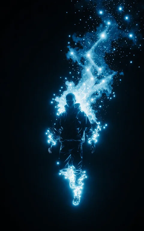 A Dark Figure Weightlessly Suspended In The Night Sky, Fully...