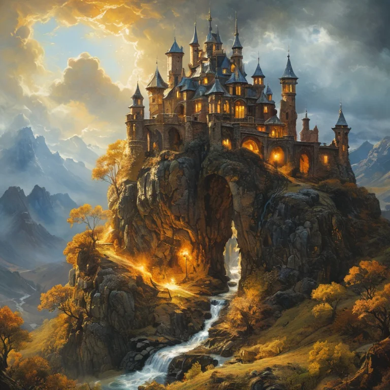 Castle On A Hill, Magic, Enchanting Lighting, Realistic Oil...