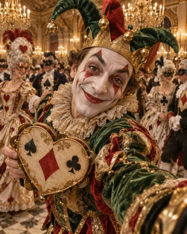 A Jester In An Extreme Close-up, His Head Is Slightly Tilted...